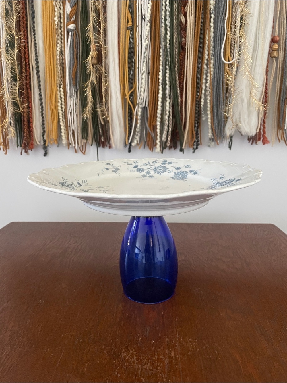 Blue Glass Pedestal with White Floral Plate - serving tray - cake platter